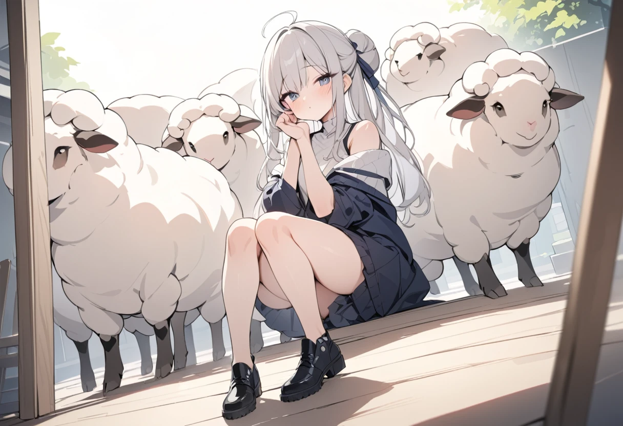 masterpiece, Highest quality, 8k, Vivid, young woman, Sheep, Full body portrait, (I&#39;m worried, Metropolis, A row of skyscrapers, Looking at the map, crying with eyes open, @ @, Open your mouth, Travel Cart), Fluffy long hair, Pink Hair, Hair like sheep&#39;s wool Thick eyebrows, one piece, Pink clothes, Long skirt, Light blue cardigan, Brown shoes