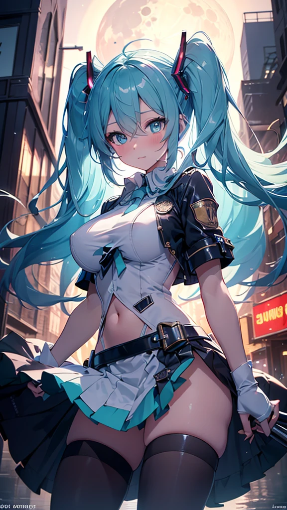 top-quality,in 8K,masterpiece,highly detailed,Impressionism,Photorealsitic,deep-shadows,blurry backround,Official art,ultra-detailliert,realisitic,Cinematic lighting, film grains,perfect anatomy,anatomically correct,depth of fields,elaborate design,solo,very sexy girl,Hatsune Miku,beautiful detailed droopy eyes,shy,blushing,slender body,tits,super detailed shiny skin,super detailed cute uniform,Half-naked girl,detailed skirt,in futuristic big city,buildings,midnight city,moon light