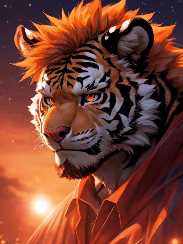 human nature, wild animals, male,36 years old，uncle， solitary, ((Round Face, The face is plump,Orange Eyes,Thick Orange Hair，Scars)), ((Endomorph, Handsome，Hot Blood)), （Mecha suit，no electricity，exhausted), ((domestic White Tiger,White Tiger，) Fluffy fur, Fluffy), Bokeh, (high quality, high resolution, masterpiece), (Dynamic Lighting, Vibrant colors), (Revitalize，harm，Contempt), Full body pictures (close up), cartoon