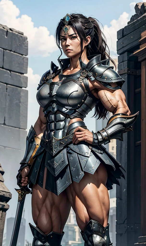 Highest quality、４K８K、One female、((Full body image))、((A woman with a massive muscular physique))、40-year-old woman、Invincible Valkyrie General、Height: 185cm、Weight 110kg、Medieval metal armor、Ornately decorated ceremonial armor、((Metal armor with lots of exposed skin))、Metal Boots、Stiletto boots、With a huge long sword、(No sleeve)、((Ultra Mini Skirt Armor))、A mini skirt that exposes female genitalia、bulging muscles、Protruding veins、((Thick and strong neck))、(Developed trapezius muscles)、Six-pack、Male bodybuilder chest、((Strong muscular thighs))、a lot of armpit hair、Stand with your left hand on your hip、The Queen's Appearance、A Majestic General、Possesses incredible strength、Black-haired chignon、Hair Ornament Style Helmet