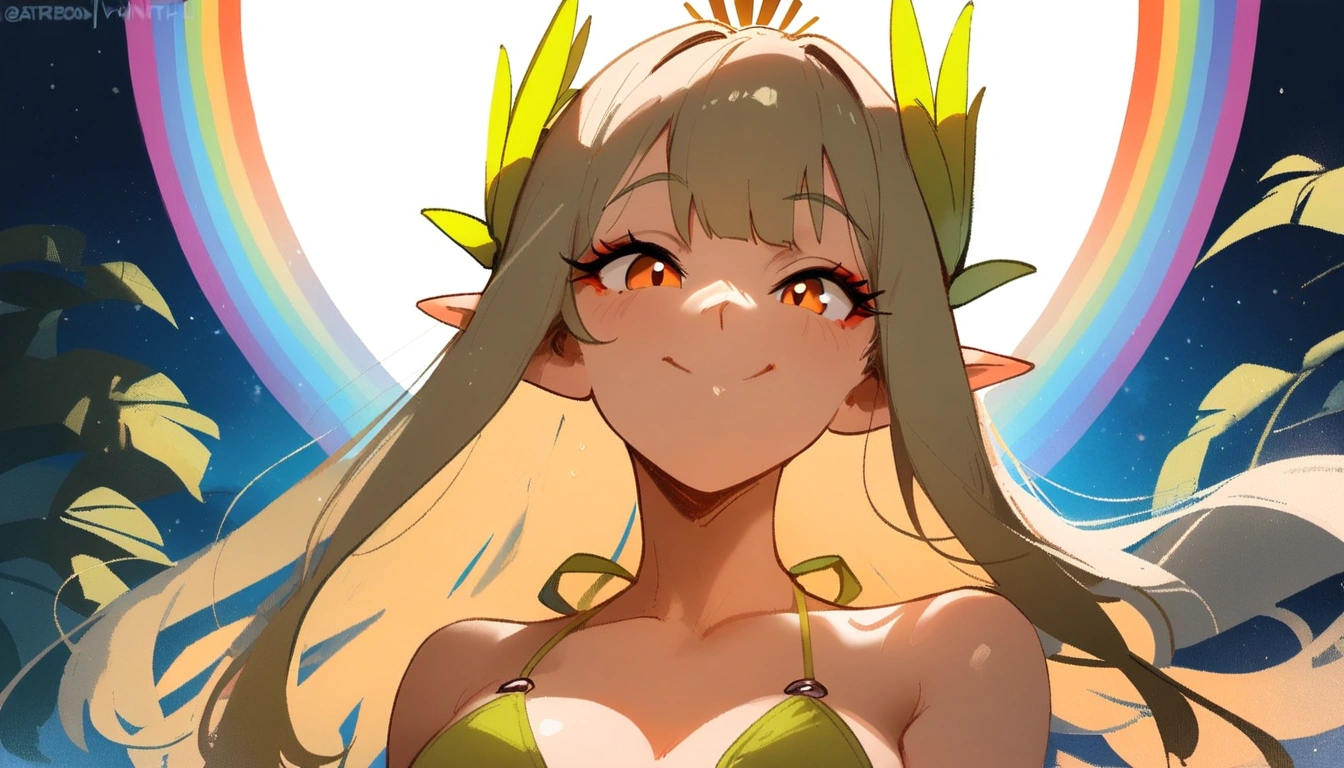 1girl, muelsyse \(arknights\), arknights \\\\\ masterpiece, best quality, very aesthetic, absurdres, newest \\\\\\ simple background, space background. lime bikini, greenery, water, orange eyes,elf ears, slim body,///// ,by nyantcha, khyle, cutesexyrobutts, ,,////// 18 years old girl,thin waist ,,solo, , rainbow, ^_^, portrait, ,detailed face, crown
