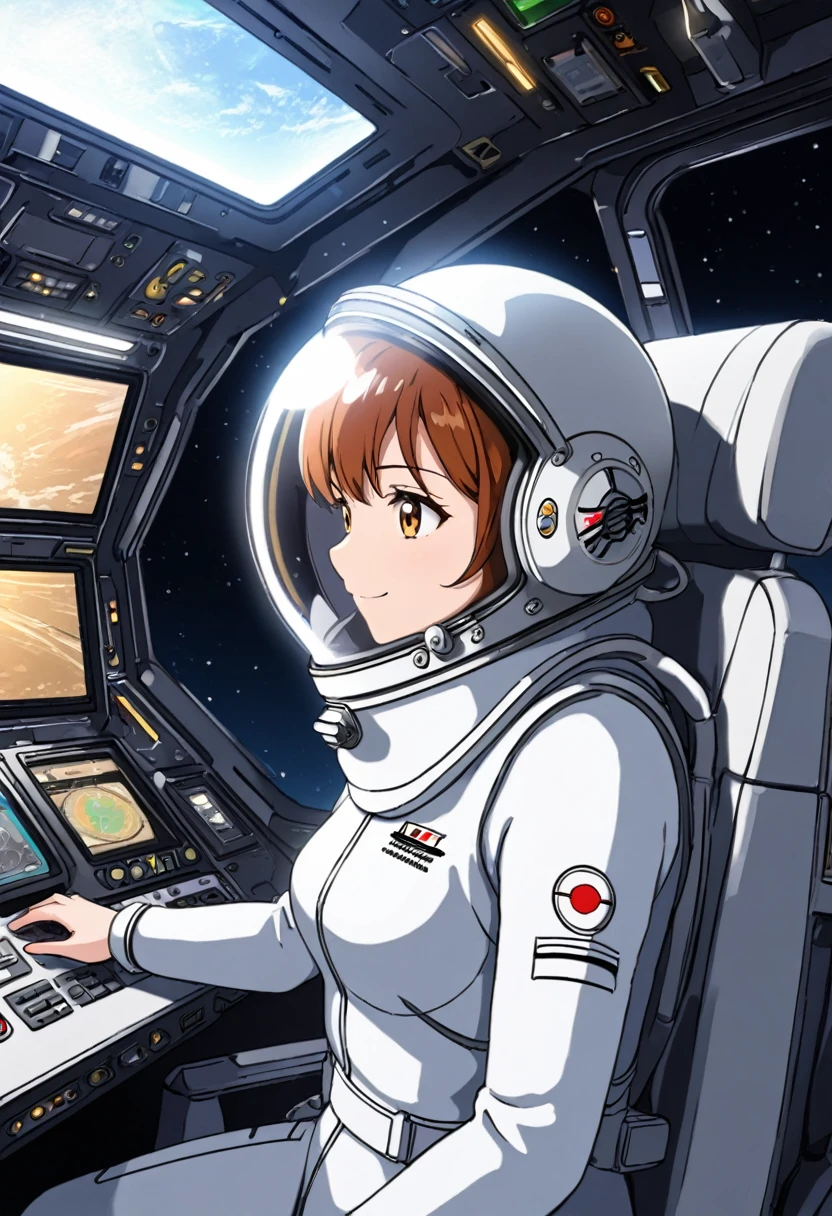 eva helm, spacesuit , astronaut), bubble helmet, space helmet, (1girl:1.1) wearing a (spacesuit:1.15), white cargo pants, (ugh, wtf do these buttons do:1.3), inside the cockpit of a (futuristic spaceship:1.1), sitting in the captains chair, (intricate control panels:1.3), (gleaming metal:1.1), surrounded by many buttons and dials and gauges, (smile:1.1), concerned, beautiful 8k wallpaper, highly advanced, (sleek design:1.3), intricate, highres, superb, 8k wallpaper, extremely detailed, intricate, short hair, from side, upper body