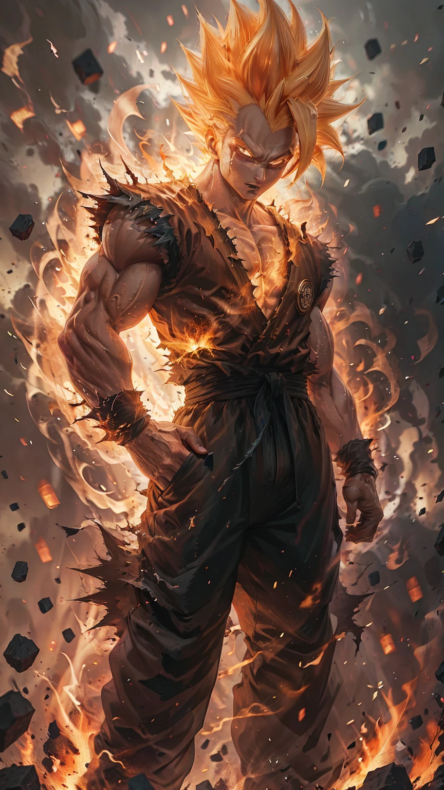 Super Saiyajin um,1 young boy,artist name,Aura,hair blonde,clenched hand,clenched hands,wreckage,dougi,villany,embers,fire,mitts,Ablaze,male focus,muscular,orange background,standing alone,spiky hair,standing,teeths,torn garments,venat,