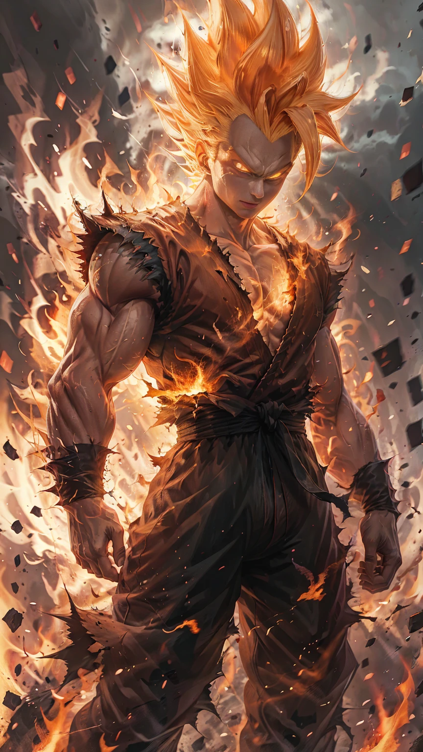 Super Saiyajin um,1 young boy,artist name,Aura,hair blonde,clenched hand,clenched hands,wreckage,dougi,villany,embers,fire,mitts,Ablaze,male focus,muscular,orange background,standing alone,spiky hair,standing,teeths,torn garments,venat,