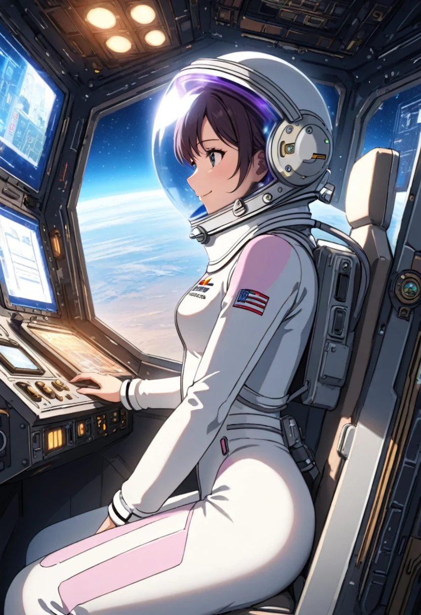 eva helm, spacesuit , astronaut), bubble helmet, space helmet, (1girl:1.1) wearing a (spacesuit:1.15), white cargo pants, (ugh, wtf do these buttons do:1.3), inside the cockpit of a (futuristic spaceship:1.1), sitting in the captains chair, (intricate control panels:1.3), (gleaming metal:1.1), surrounded by many buttons and dials and gauges, (smile:1.1), concerned, beautiful 8k wallpaper, highly advanced, (sleek design:1.3), intricate, highres, superb, 8k wallpaper, extremely detailed, intricate, short hair, from side, upper body