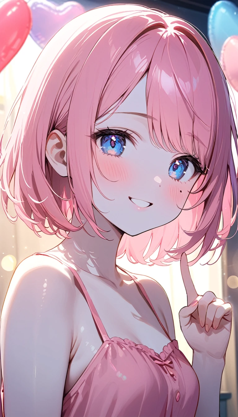 (1 girl),(Best Picture Quality, 8K, Masterpiece:1.3), (high school student:1.5), ((pink lob hair:1.1)), (bob cut),(swept bangs), (cute eyes, pupil black, iris skyblue, youthful face), (mole under right eye), (standard weight), (small breasts),(big hip), (glistening skin:1.1),(pale skin:1.2),(happy:1.4),BREAK,(pink sundress),(Heart Balloon),(Pastel pink Bedroom),(in the night),((portrait)),(index finger raised,raised hands),((lense flare:1.3)),(twinkle).