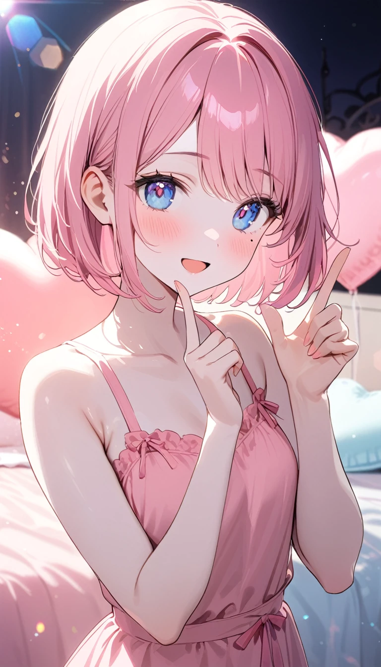 (1 girl),(Best Picture Quality, 8K, Masterpiece:1.3), (high school student:1.5), ((pink lob hair:1.1)), (bob cut),(swept bangs), (cute eyes, pupil black, iris skyblue, youthful face), (mole under right eye), (standard weight), (small breasts),(big hip), (glistening skin:1.1),(pale skin:1.2),(happy:1.4),BREAK,(pink sundress),(Heart Balloon),(Pastel pink Bedroom),(in the night),((portrait)),(index finger raised,raised hands),((lense flare:1.3)),(twinkle).