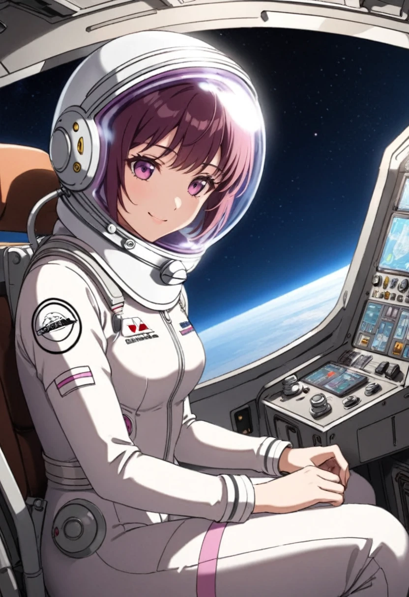 eva helm, spacesuit , astronaut), bubble helmet, space helmet, (1girl:1.1) wearing a (spacesuit:1.15), white cargo pants, (ugh, wtf do these buttons do:1.3), inside the cockpit of a (futuristic spaceship:1.1), sitting in the captains chair, (intricate control panels:1.3), (gleaming metal:1.1), surrounded by many buttons and dials and gauges, (smile:1.1), concerned, beautiful 8k wallpaper, highly advanced, (sleek design:1.3), intricate, highres, superb, 8k wallpaper, extremely detailed, intricate, short hair, from side, upper body, kafka