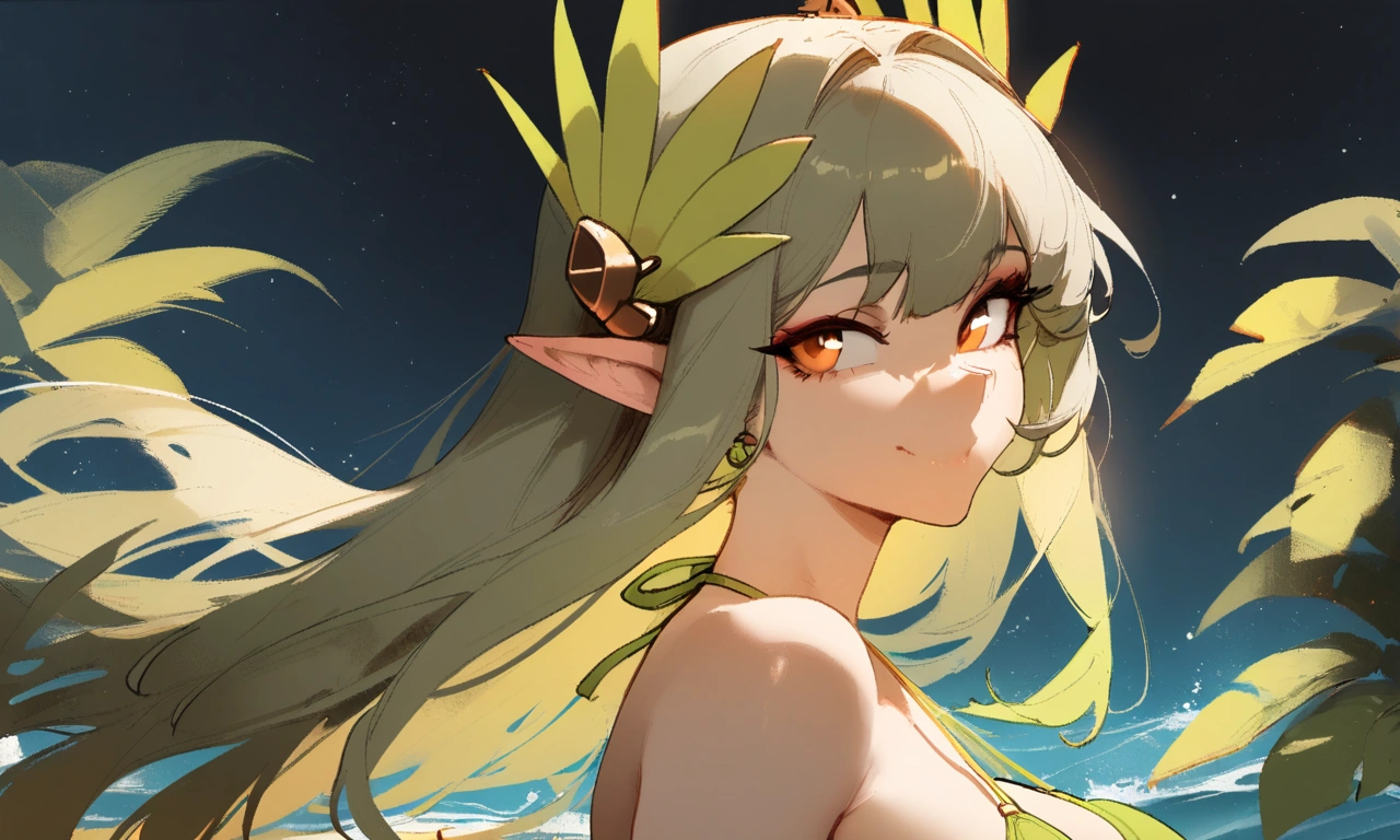 1girl, muelsyse \(arknights\), arknights \\\\\ masterpiece, best quality, very aesthetic, absurdres, newest \\\\\\ simple background, space background. lime bikini, greenery, water, orange eyes,elf ears, slim body,///// ,by nyantcha, , cutesexyrobutts,khyle ,,////// 18 years old girl,thin waist ,,solo, , stars, ^_^, portrait, ,detailed face, 
