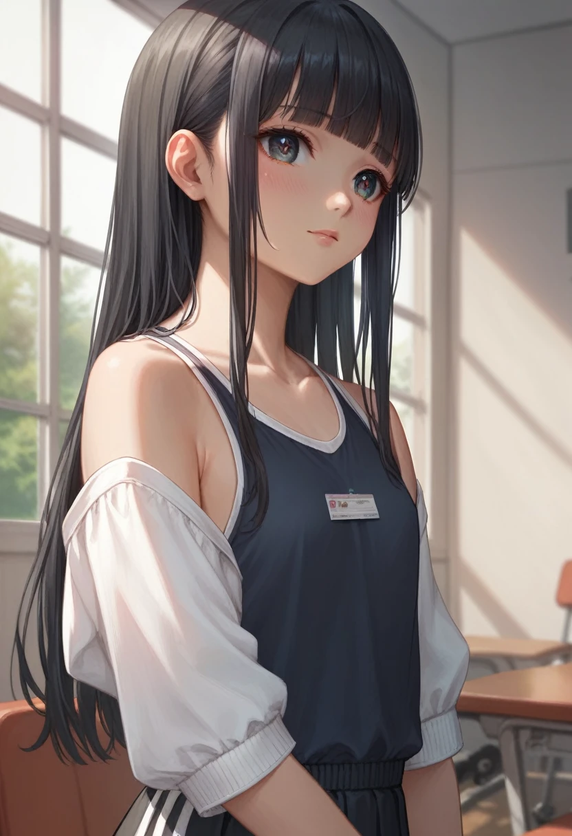 ((best quality, highres, masterpiece,illustration, beautiful detailed face, detailed eyes)), (loli:0.9), refined, straight hair, long hair, swept-side bang, blunt bangs, black hair, (student training wear:1.1), (breasts:0.3), solo, in gym