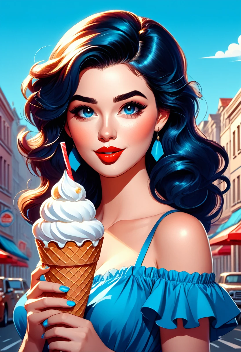 kawaii style, masterpiece, best quality, only a woman in a blue dress eating an ice cream cone, Soda themed girl, in digital illustration style, cartoon style illustration, fabulous illustrations, realistic painting of beautiful, lois van rossdraws, vector art style, cartoon art style, colorful illustration, cute woman, beautiful digital art, Arte Pinup, Illustration style, cartoon digital painting, detailed digital art cute, Illustration art