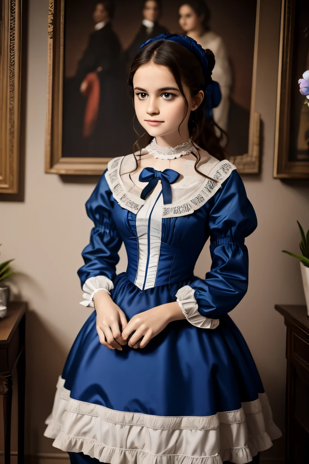 there is a young girl in a blue and white dress holding a purse, victorian style costume, victorian blue dress, victorian dress, dress in the style of rococo, historical baroque dress, victorian inspired clothing, rococo dress, wearing 1860s era clothes, wearing victorian clothes, wearing 1 8 5 0 s era clothes