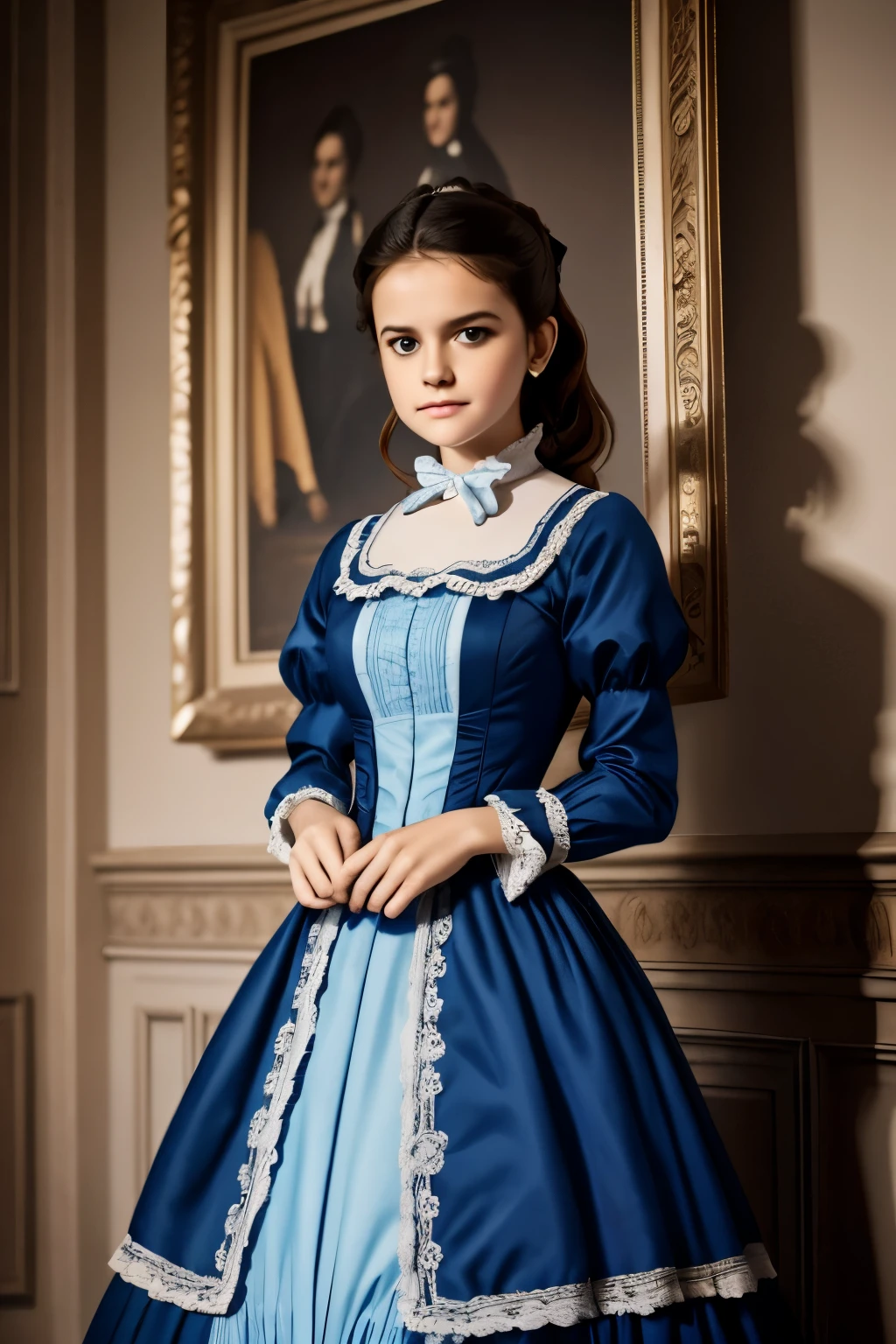 there is a young girl in a blue and white dress holding a purse, victorian style costume, victorian blue dress, victorian dress, dress in the style of rococo, historical baroque dress, victorian inspired clothing, rococo dress, wearing 1860s era clothes, wearing victorian clothes, wearing 1 8 5 0 s era clothes