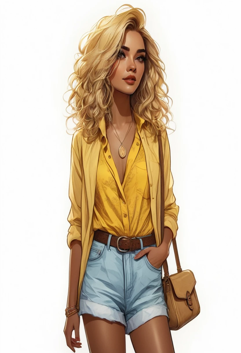 a woman with blond hair and a yellow shirt is standing, in digital illustration style, cartoon style illustration, trends in art, no art style by bowater, highly detailed character design, style of charlie bowater, Beautiful drawing style, Charlie Bowater art style, stunning art style, colorful illustration, detailed fashion illustration, yellow theme wavy hair