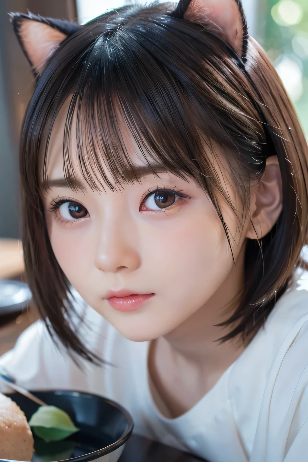 (8k, RAW Photos, Highest quality, masterpiece)、Anatomically correct、slim、cute、Baby Face、One Girl、(14 years old)、(Close-up shot of face:1.33)、(Pin Light, Backlight, Backlight, Cinematic Light), Sharp focus:1. 4, (Hyper Detail, In detail), ,,Cat ears style, small, Fuller lips, まっすぐでcute鼻, Cheekbones are a little red, thick eyebrows and long, Beautiful eyelashes.Keep your chin on the table