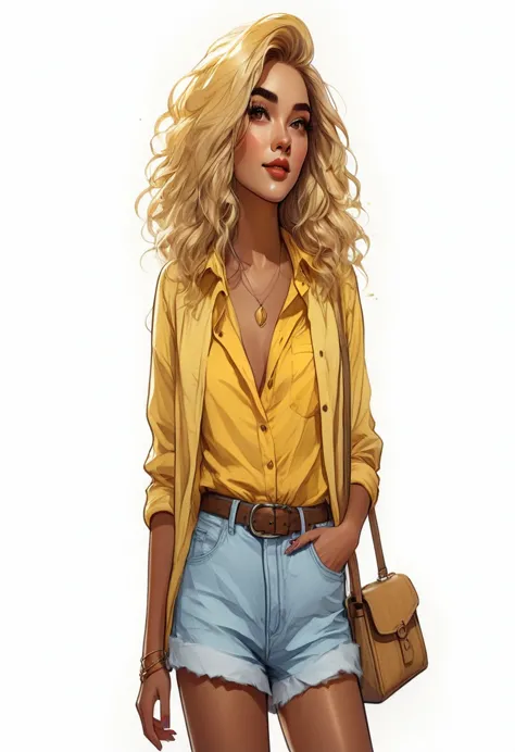 a woman with blond hair and a yellow shirt is standing, in digital illustration style, cartoon style illustration, trends in art...