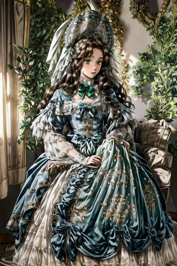 a beautiful twelve years old european noble girl, with emerald eyes, long wavy brown hair, wearing cute. expensive blue and whit...