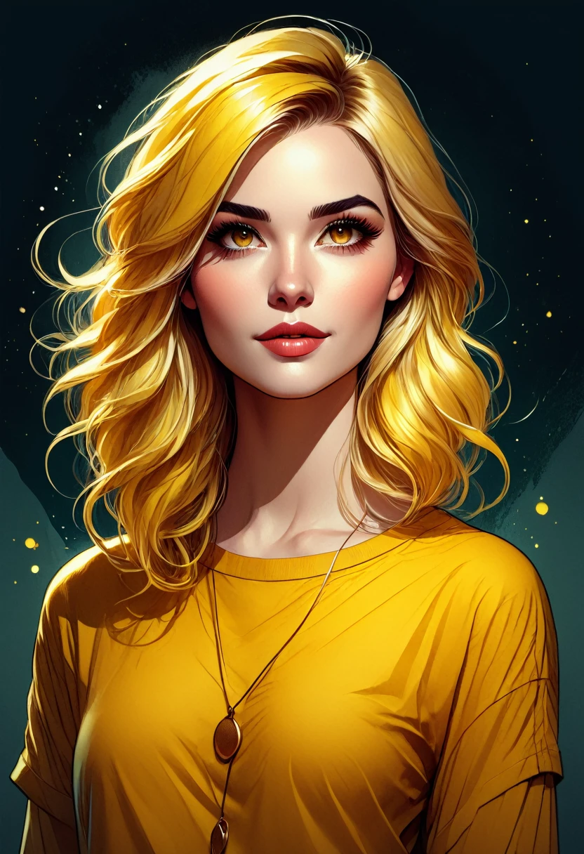 a woman with blonde hair and a yellow shirt is standing, in the style of digital illustration, cartoon style illustration, trends in art, in the artistic style of bowater, highly detailed character design, charlie bowater style, beautiful drawing style, Charlie Bowater art style, impressive art style, colorful illustration, specific fashion illustration, colorful hair yellow theme