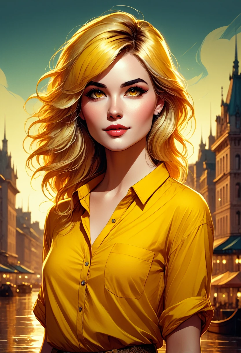 a woman with blonde hair and a yellow shirt is standing, in the style of digital illustration, cartoon style illustration, trends in art, in the artistic style of bowater, highly detailed character design, charlie bowater style, beautiful drawing style, Charlie Bowater art style, impressive art style, colorful illustration, specific fashion illustration, colorful hair yellow theme