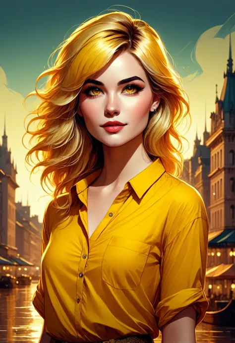 a woman with blonde hair and a yellow shirt is standing, in the style of digital illustration, cartoon style illustration, trend...