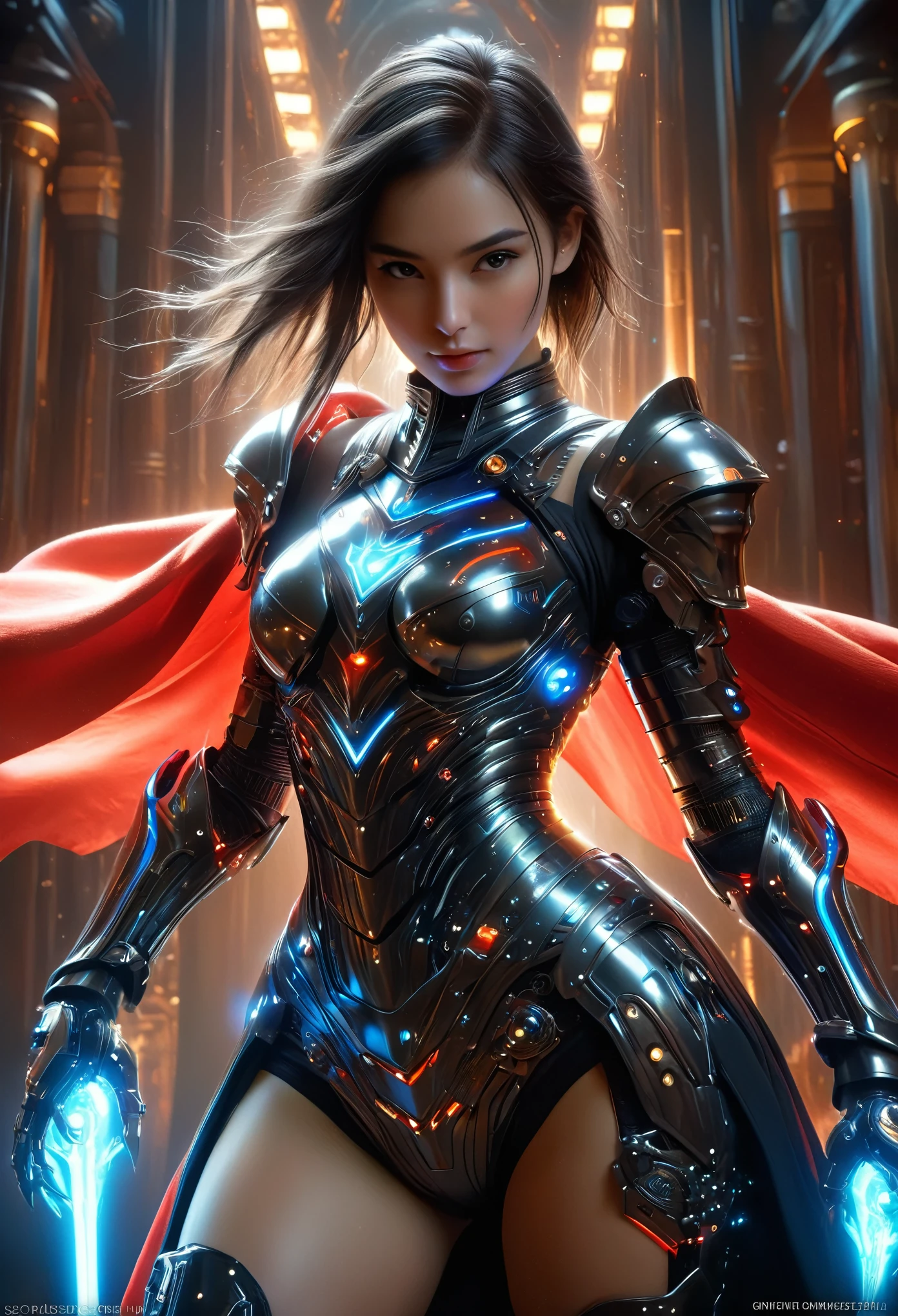 (Best Quality, 4K, 8K, High Resolution, Masterpiece: 1.2), (Super Detailed, Realistic, Photorealistic:1.37), A woman in futuristic clothing, (erotic and sexy:1.4), Trending on cgstation, Trending on cgstation, (Portrait of a girl in the Knights of the Zodiac:1.4), (blunt bangs:1.7), Cute Cyborg Girl, Perfect android girl, Portrait Astronaut Girl, Beautiful girl cyborg, Girl wearing black pale blue iridescent red mechanical cyber armor, Game CG, cgsociety and fenghua zhong, Beautiful Cyborg Shrine Maiden, Bioluminescence, (Gal Gadot:0.6), Anatomically correct grip, Anatomically correct four fingers and one thumb, (long claws:1.4), erotic and sexy, A gorgeous cape with beautifully detailed embroidery, energy ball, white back, concept art 