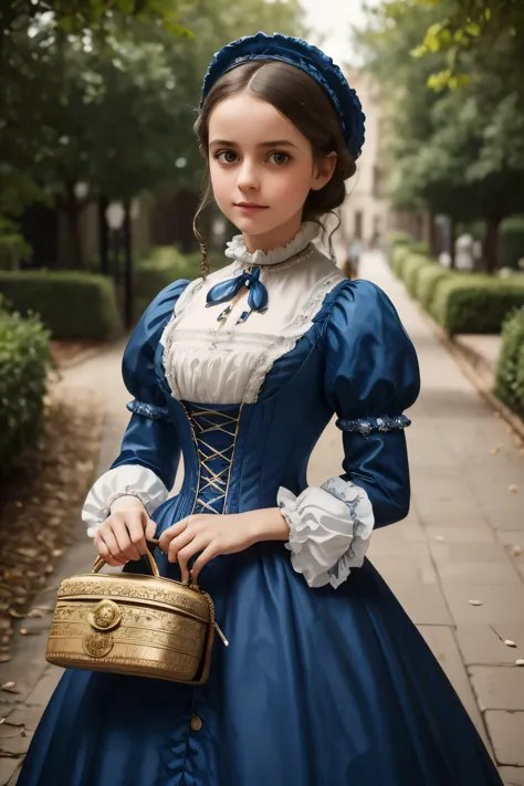 there is a young girl in a blue and white dress holding a purse, victorian style costume, victorian blue dress, victorian dress,...