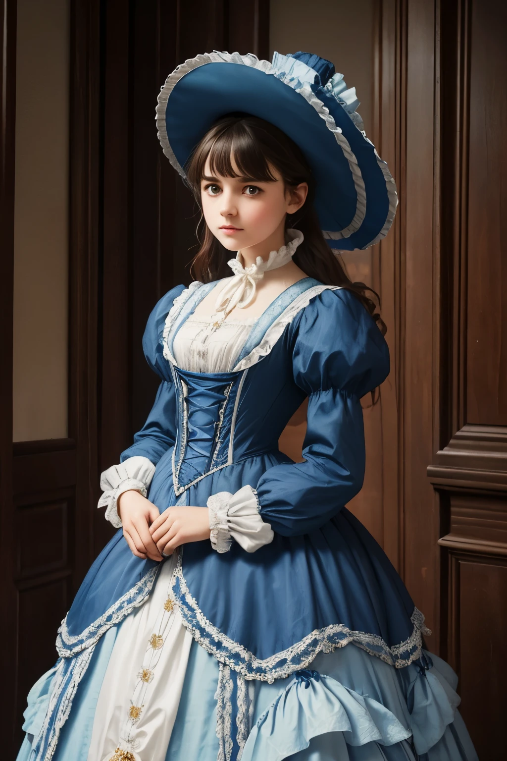 there is a young girl in a blue and white dress holding a purse, victorian style costume, victorian blue dress, victorian dress, dress in the style of rococo, historical baroque dress, victorian inspired clothing, rococo dress, wearing 1860s era clothes, wearing victorian clothes, wearing 1 8 5 0 s era clothes