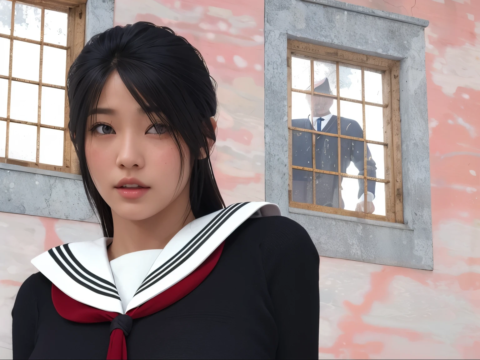 (Detailed CG、Unity、8k wallpaper)、(Very delicate and beautiful)、(masterpiece)、(Highest quality:1.2)、(Ultra-high resolution:1.3)、(Beautiful realistic Asian),Beautiful lighting、Perfect Lightning、Realistic Shadows、Fine skin、Very detailed、Detailed face and eyes、Realistic eyes、Sharp pupils、Huge , In the classroom、School、sunset、Beautiful Face、Blurred Background、(Japanese women)、Glowing Skin、Side Up、Beautiful black hair、Blunt bangs、Japan High School Sailor Uniform、Pleated mini skirt、A kind smile, ((Tabletop, Highest quality)), (Glowing Skin), Cinema Lighting, Physically Based Rendering, Award-winning, Very detailedな肌, Very detailedな顔, Beautiful eyes in every detail, Carl Zeiss 85mm F/1.4, (Cowgirl:1.3), (cumin , Chest and thighs), she&#39;Very cute 16 years old , (Brown Hair, Straight Long Hair, Open your eyes, Round face), Big cleavage, (Sailor blouse, I pulled up my pleated skirt myself:1.3), Watching from afar, (Spread your legs, Focus on the thighs),art、