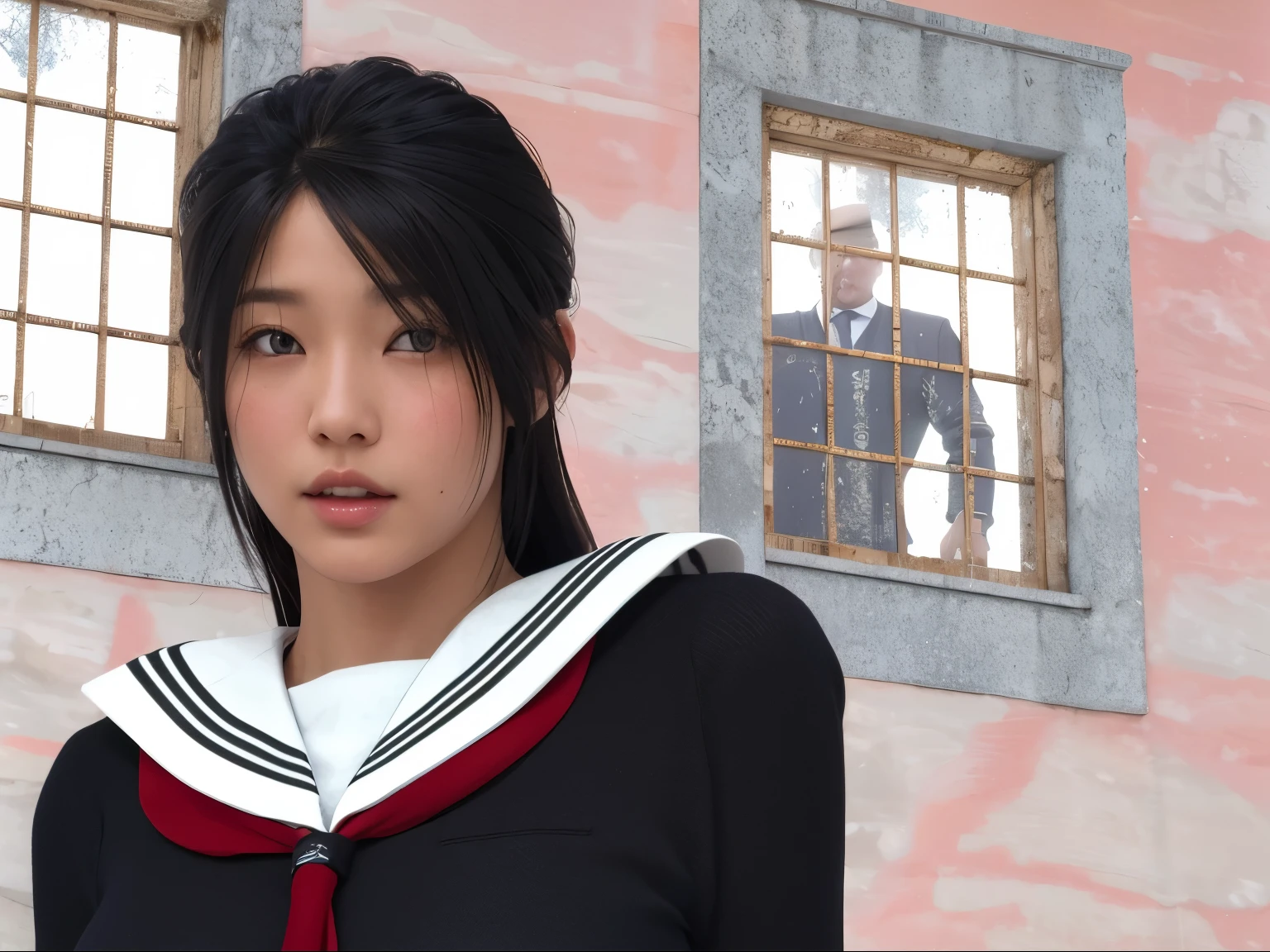 (Detailed CG、Unity、8k wallpaper)、(Very delicate and beautiful)、(masterpiece)、(Highest quality:1.2)、(Ultra-high resolution:1.3)、(Beautiful realistic Asian),Beautiful lighting、Perfect Lightning、Realistic Shadows、Fine skin、Very detailed、Detailed face and eyes、Realistic eyes、Sharp pupils、Huge , In the classroom、School、sunset、Beautiful Face、Blurred Background、(Japanese women)、Glowing Skin、Side Up、Beautiful black hair、Blunt bangs、Japan High School Sailor Uniform、Pleated mini skirt、A kind smile, ((Tabletop, Highest quality)), (Glowing Skin), Cinema Lighting, Physically Based Rendering, Award-winning, Very detailedな肌, Very detailedな顔, Beautiful eyes in every detail, Carl Zeiss 85mm F/1.4, (Cowgirl:1.3), (cumin , Chest and thighs), she&#39;Very cute 16 years old , (Brown Hair, Straight Long Hair, Open your eyes, Round face), Big cleavage, (Sailor blouse, I pulled up my pleated skirt myself:1.3), Watching from afar, (Spread your legs, Focus on the thighs),art、