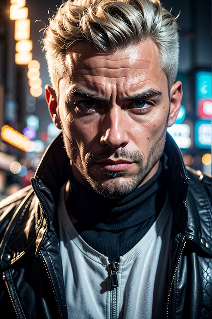 realistic portrait of MAN, ADULT, a man with WHITE hair wearing a CYBERPUNK, black HAIR, detailed facial features, intense gaze, dramatic lighting, fantasy, digital painting, hyperdetailed, award winning, intricate, sharp focus, 8k, photorealistic, cinematic, masterpiece