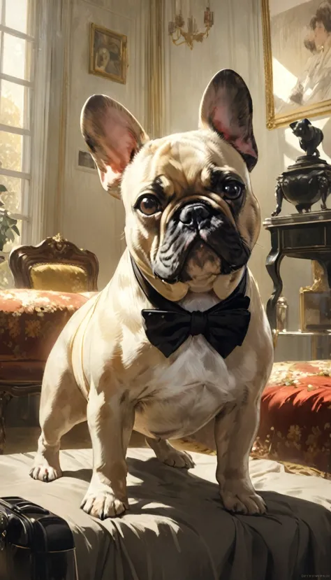 cute french bulldog greets viewers, pierre＝art by auguste renoir and jeremy mann, (viewpoint angle:1.2), realistic, ray tracing,...