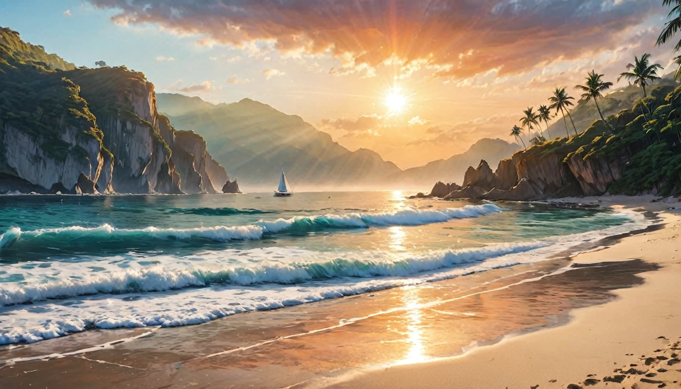 Sunset Beach、(ultra-Detailed Background, Detailed Background), Absurd, High resolution, Super detailed, Very detailed, 