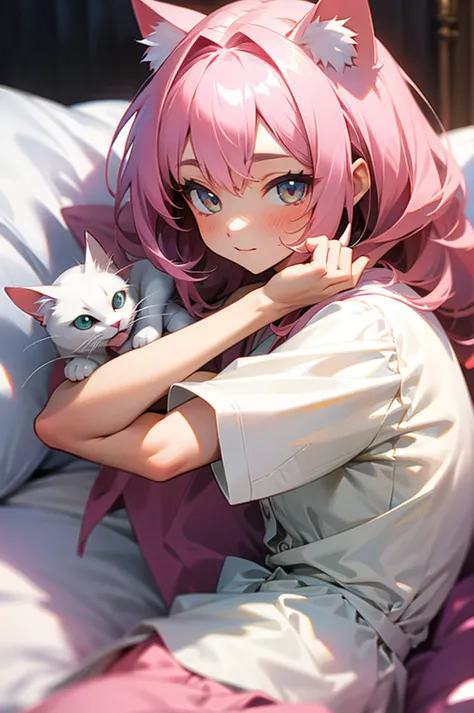 (masterpiece), high definition, pink haired cat girl playing with a small white cat sitting in a bedroom, high quality, fluffy w...