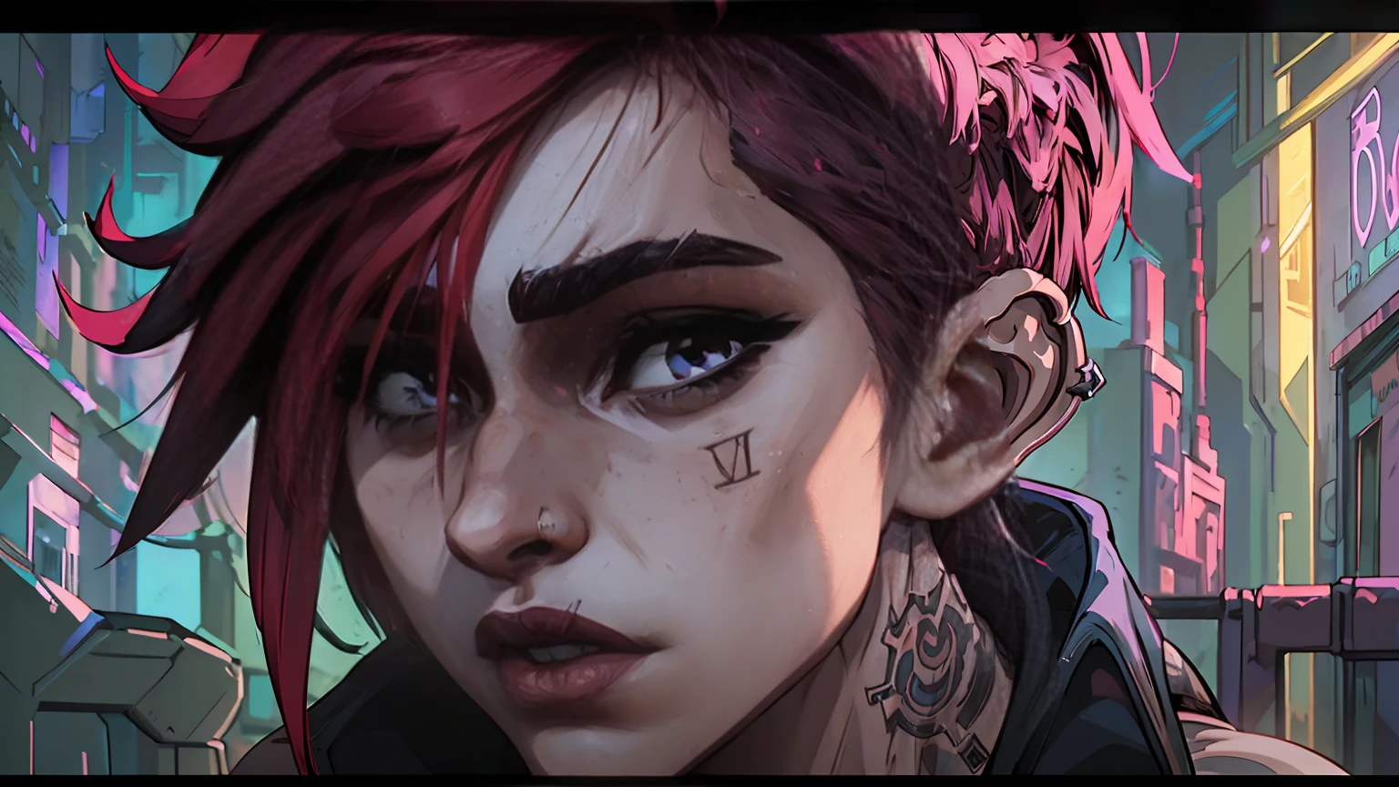 Solo, Vi, Arcane, League of legends, half body shot, Pink hair, dark eye liner, perfect eyes, perfect face, boyish facial features, side shave, butch, Red leather jacket, Black hoody, fighting pose, toxic fumes, Toxic city background, cyberpunk, steampunk, (best quality,4k,8k,highres,masterpiece:1.2),ultra-detailed,(realistic,photorealistic,photo-realistic:1.37), smoke and fog, vivid colors, high contrast, dark shadows and highlights.