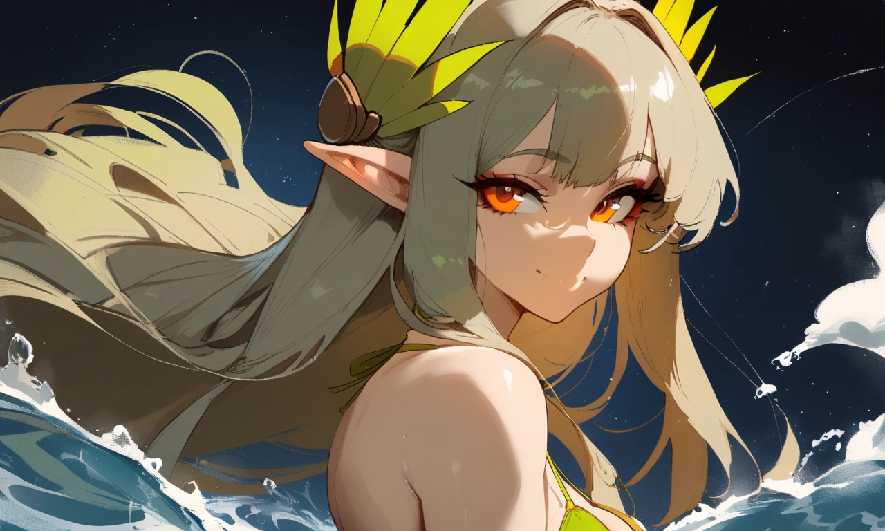 1girl, muelsyse \(arknights\), arknights \\\\\ masterpiece, best quality, very aesthetic, absurdres, newest \\\\\\ simple background, space background. lime bikini, greenery, water, orange eyes,elf ears, slim body,///// ,by nyantcha, , cutesexyrobutts,khyle ,,////// 18 years old girl,thin waist ,,solo, , stars, ^_^, portrait, ,detailed face,