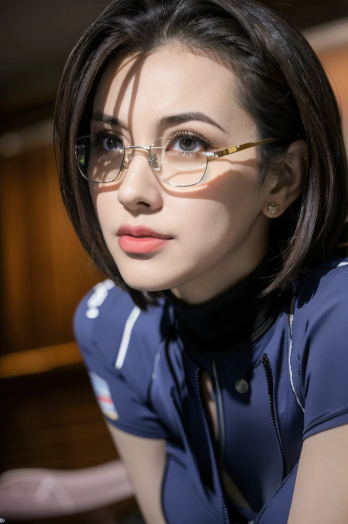 Shiny Niimi Bodysuit,Shiny enamel blue bodysuit, belt,Beautiful girl with short blue hair, A light smile, Brown eyes, hair clips, lips, Stud Earrings, Semi-rimless eyewear, , Big butt but small breasts, (Highest quality,4K,8k,High resolution,masterpiece:1.2),Very detailed,(Realistic,photoRealistic,photo-Realistic:1.37),Very detailed顔, Very detailed目と顔, Long eyelashes, Beautiful attention to detail, beautiful detailed lips, Concept Art, Cinema Lighting, Vibrant colors,,Short Wavy Hair,Glasses,Big Breasts,Detailed face,Beautiful Eyes,beautiful lips,Very detailedな,Realistic,8k,masterpiece,Studio Lighting,Dynamic pose,Intricate details,Dramatic lighting,Cinematic atmosphere,Vibrant colors,elegant