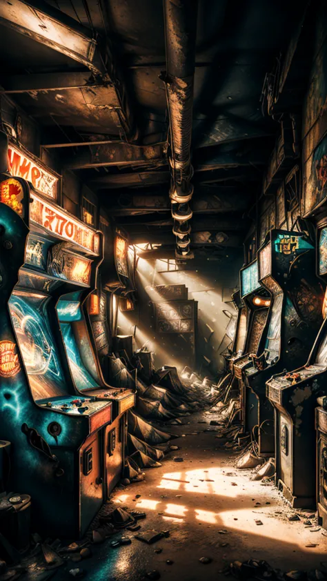 the atmosphere of the end of the world, (((post-apocalyptic_play_zone,dilapidated old arcade))), twinkling neon lights, graffiti...