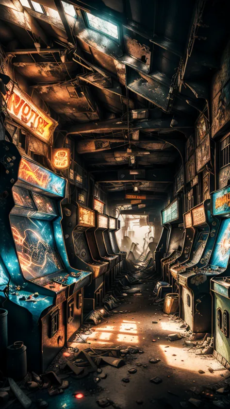 the atmosphere of the end of the world, (((post-apocalyptic_play_zone,dilapidated old arcade))), twinkling neon lights, graffiti...