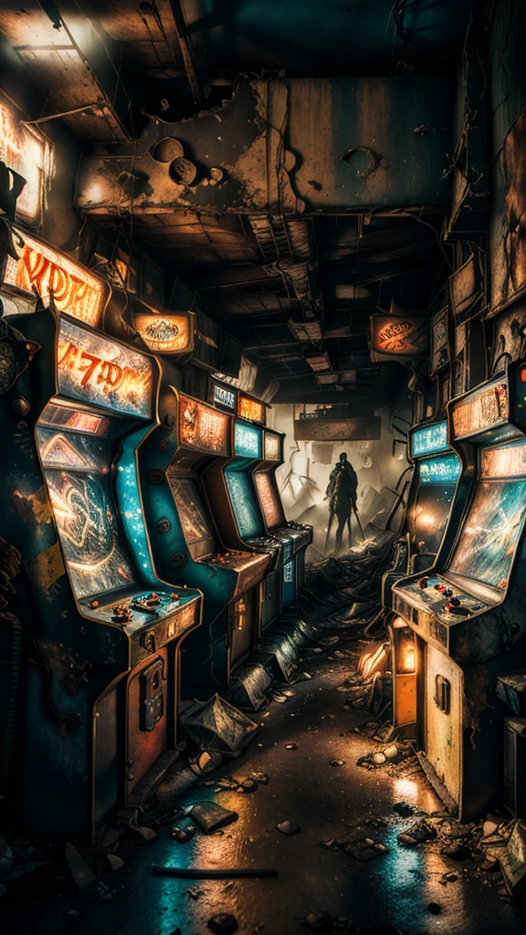 The atmosphere of the end of the world, (((post-apocalyptic_play_zone,dilapidated old arcade))), twinkling neon lights, graffiti-covered walls, dusty air, eerie silence, rusty metal, broken glass, remnants of forgotten eras, survivors of the post-apocalyptic world, overgrown vegetation, rotten posters, nostalgia, desolate landscapes, a glimmer of hope. (Best Quality, Ultra Detailed, Realistic: 1.37), Vintage Style, Vivid Colors, Dramatic Lighting