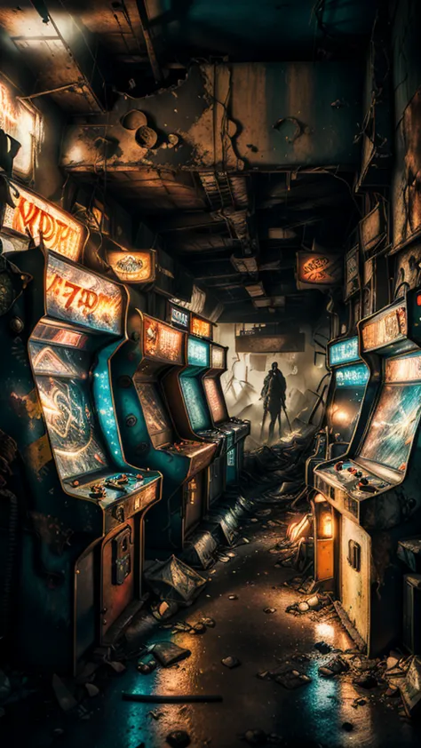 the atmosphere of the end of the world, (((post-apocalyptic_play_zone,dilapidated old arcade))), twinkling neon lights, graffiti...