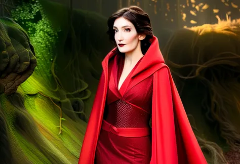 full body, side view, of dark haired "carice van houten" with red eyes, wearing a red gown and red cloak, style of frank frazett...