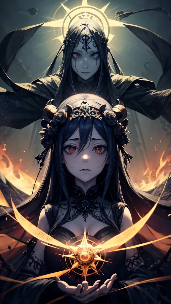 a art of a woman with a dark crown on her head, (((occult art))), extremely detailed goddess ancient hisako art, hisako goddness. extremely detailed, occult corrupted, Ghost illumination, (faded drawing :1.2), snobbish face, (gothic art style, eerie art style :1.3), faded colors