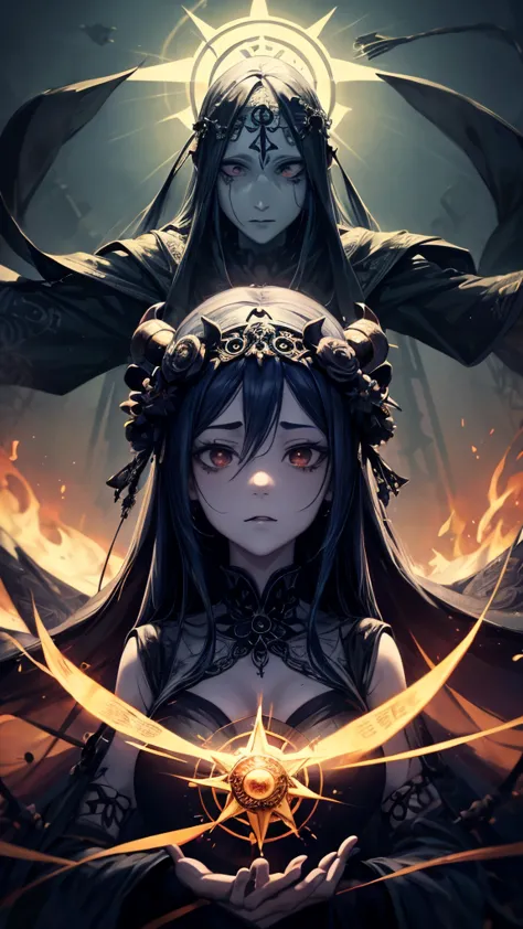 a art of a woman with a dark crown on her head, (((occult art))), extremely detailed goddess ancient hisako art, hisako goddness...