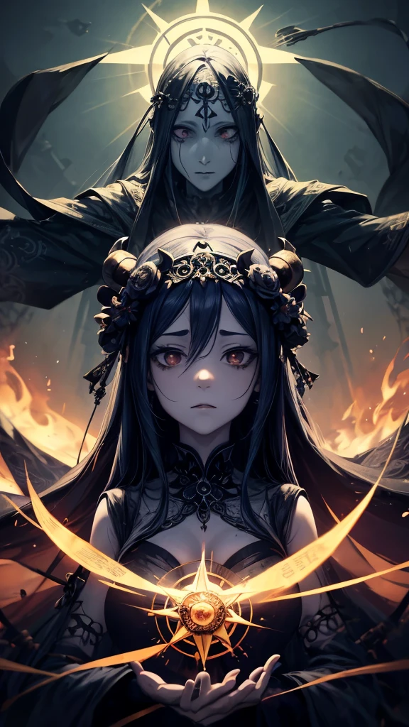 a art of a woman with a dark crown on her head, (((occult art))), extremely detailed goddess ancient hisako art, hisako goddness. extremely detailed, occult corrupted, Ghost illumination, (faded drawing :1.2), snobbish face, (gothic art style, eerie art style :1.3), faded colors