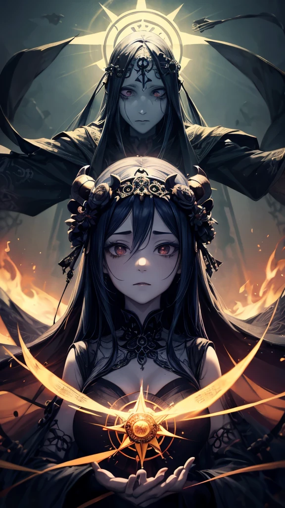 a art of a woman with a dark crown on her head, (((occult art))), extremely detailed goddess ancient hisako art, hisako goddness. extremely detailed, occult corrupted, Ghost illumination, (faded drawing :1.2), snobbish face, (gothic art style, eerie art style :1.3), faded colors