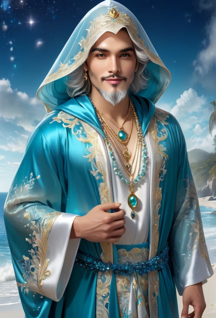 magical ornate male sorcerer, beautiful detailed eyes, beautiful detailed lips, extremely detailed eyes and face, long eyelashes, beautiful male face, sensual round face, large dimensions, clear eyes, rosy cheeks, luxurious elegant robe, detailed golden standing robe, sheer veil, light blue lace dress, charming shell necklaces and earrings, detailed hair and accessories, smiling expression, delicate hands, beach scenery, deep surrealistic landscape, king Oxalá and its mermaids, 16k, pensive, white hair, simple background, hooded, beard