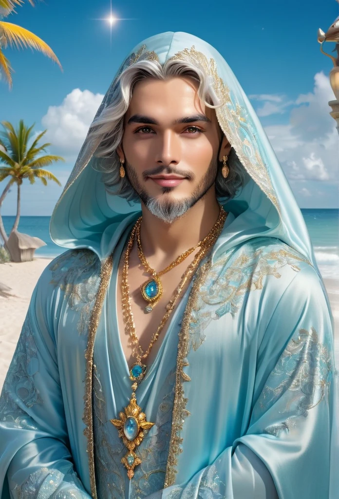 magical ornate male sorcerer, beautiful detailed eyes, beautiful detailed lips, extremely detailed eyes and face, long eyelashes, beautiful male face, sensual round face, large dimensions, clear eyes, rosy cheeks, luxurious elegant robe, detailed golden standing robe, sheer veil, light blue lace dress, charming shell necklaces and earrings, detailed hair and accessories, smiling expression, delicate hands, beach scenery, deep surrealistic landscape, king Oxalá and its mermaids, 16k, pensive, white hair, simple background, hooded, beard