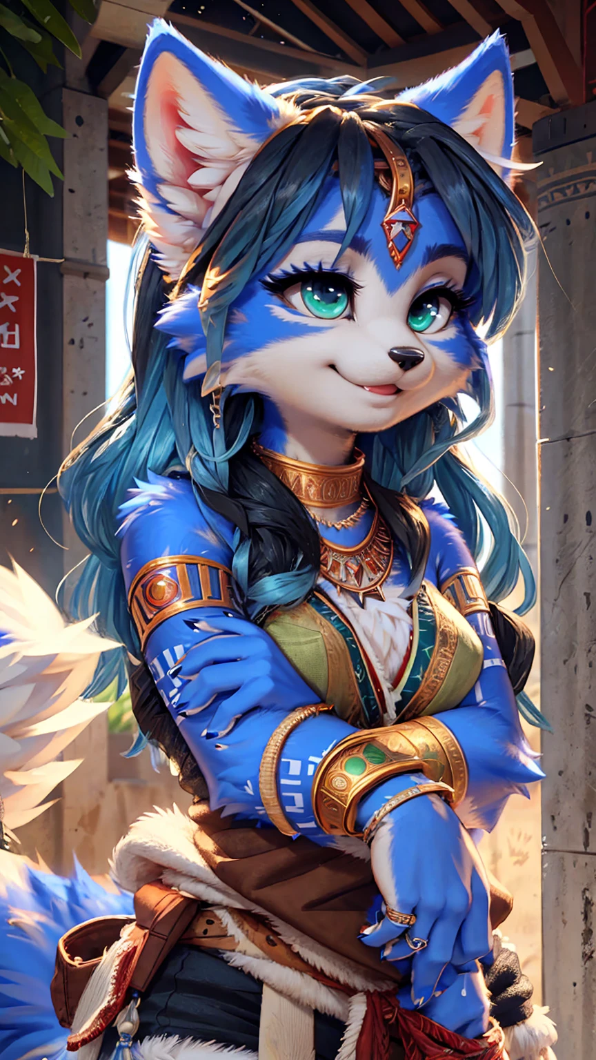 A beautiful and detailed (sweet picture) wa ((krystal)), Star Fox Krystal, sslim, lovable, green eyes, medium breasts, (((Long blue hair 1.3))),  ((Tips for black hair)), Decollete, grin, look up,, anthro, furry, Uploaded E621, detailed fluffy fur, (wa Fluff-Kevlar, Bayard Wu, personalize me, Pino Daeni), detailed face, (fluffy), 1 girl, alone,  Tribal clothing, sweet girl, alone, 

