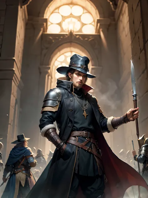 a medieval hunter, in the world of dungeons and dragons, warrior, dark hat, dark coat, black coat, long coat