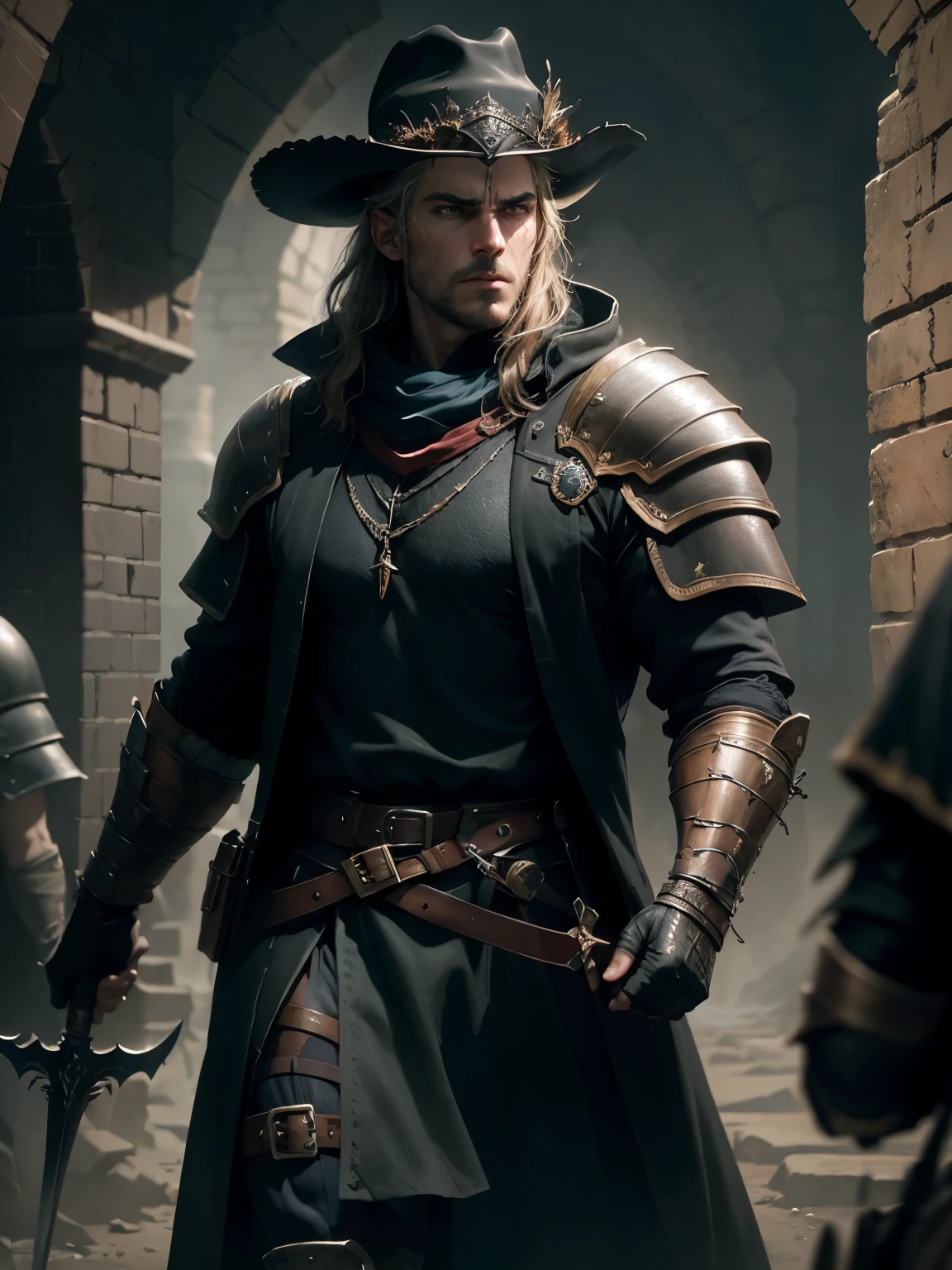 A medieval hunter, medieval fantasy warrior, dark hat, dark long coat, black coat, dungeons and dragons, highly detailed, intricate, dramatic lighting, cinematic, epic, realistic, masterpiece, 8k, photorealistic, chiaroscuro, moody, dramatic, intense colors, dramatic atmosphere, sharp focus, HDR, hyper detailed